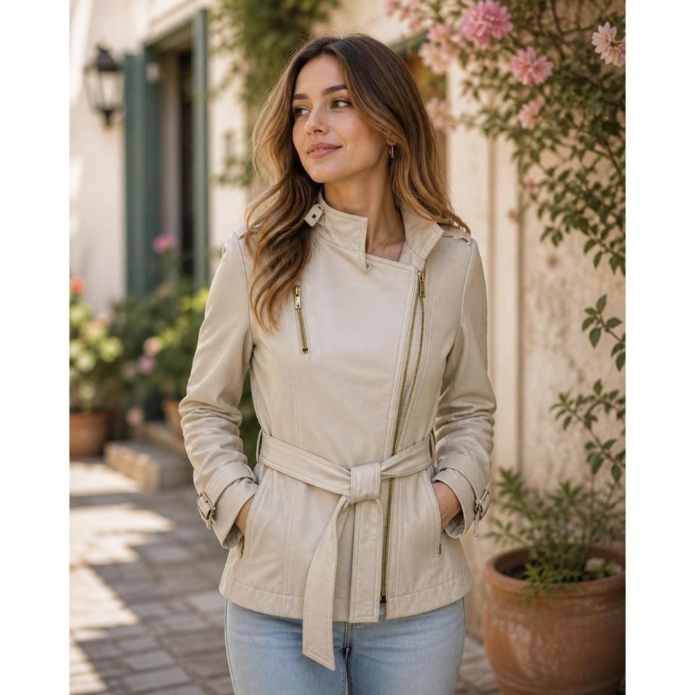Kenneth Cole Reaction Women Cream Moto Jacket Belted Gold Zip‎ Asymmetric XS